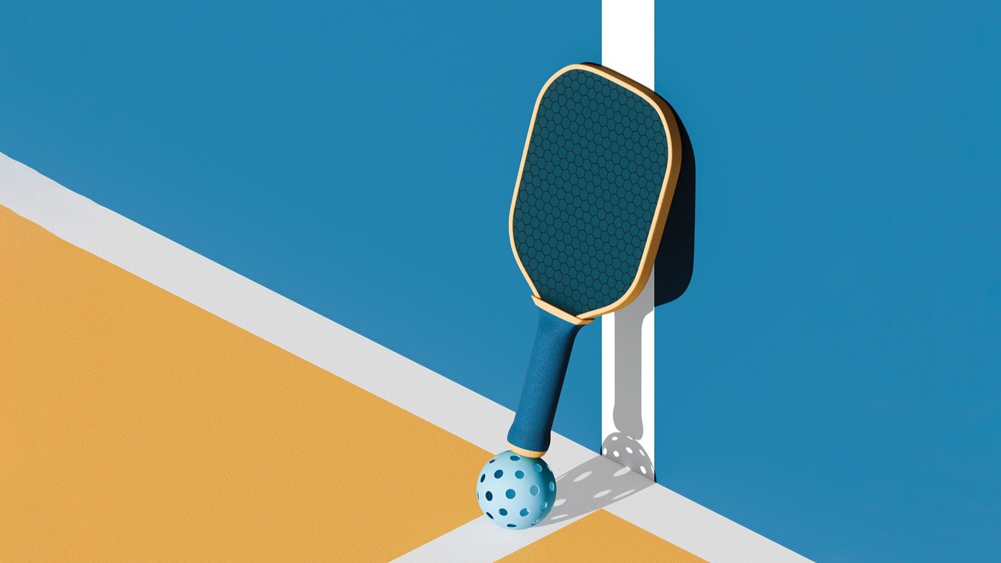 A pickleball paddle from the Fave Five collection stands upright on the court, casting a shadow, with a perforated ball resting at its base on the vibrant yellow and blue surface—perfect for your Little Escapes.