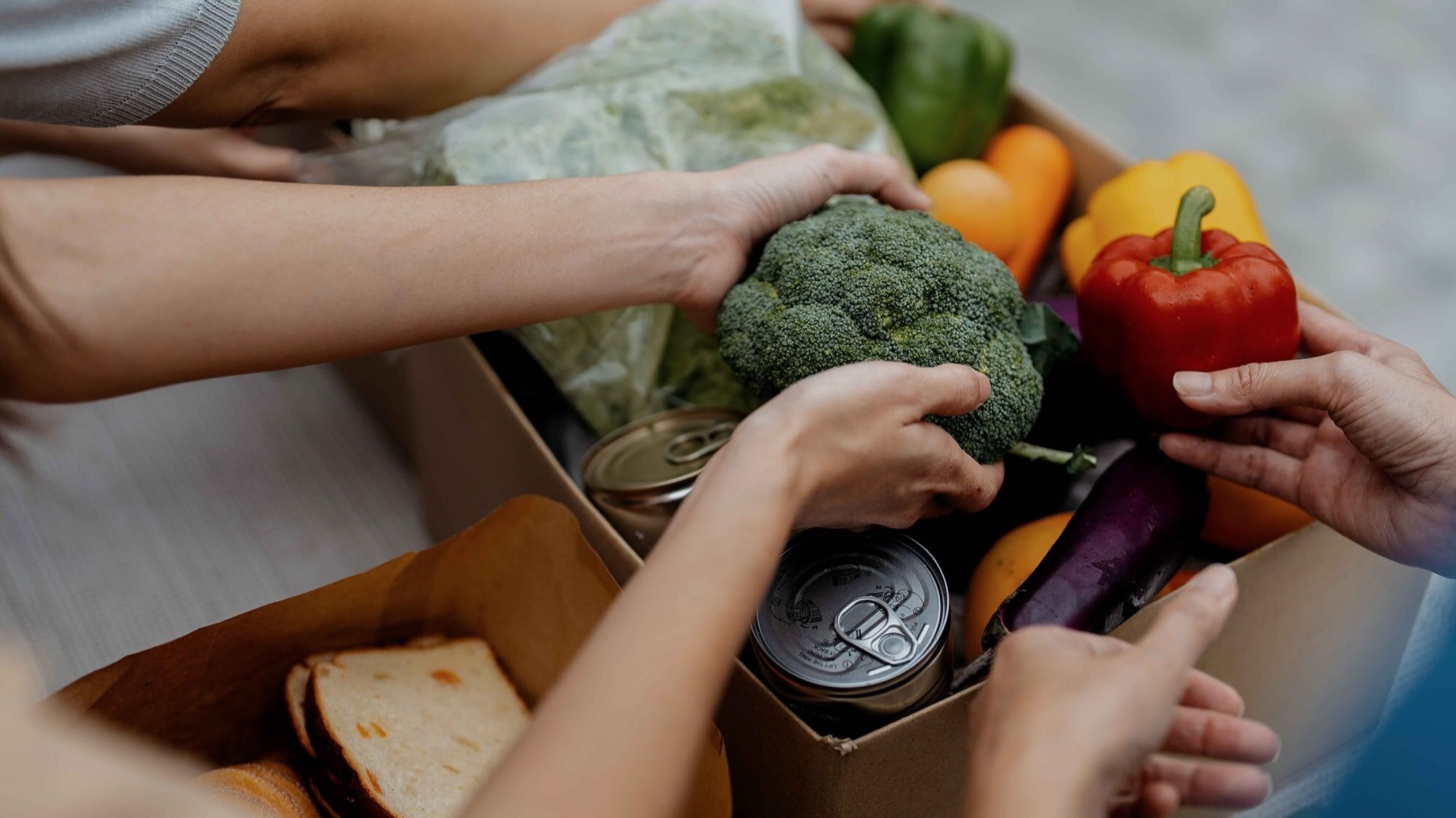 Hands reach into a box containing fresh vegetables, canned food, and bread—just one example of the nutritious support provided by United Way’s Home Grocery Delivery and other food delivery programs.