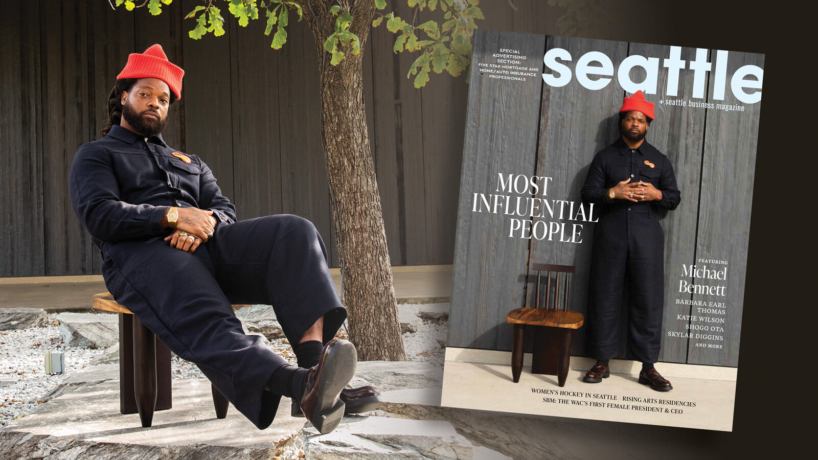 A man in a dark jumpsuit and red hat sits outdoors on a wooden chair; the same image appears on the cover of Seattle magazine with the headline "Most Influential People.