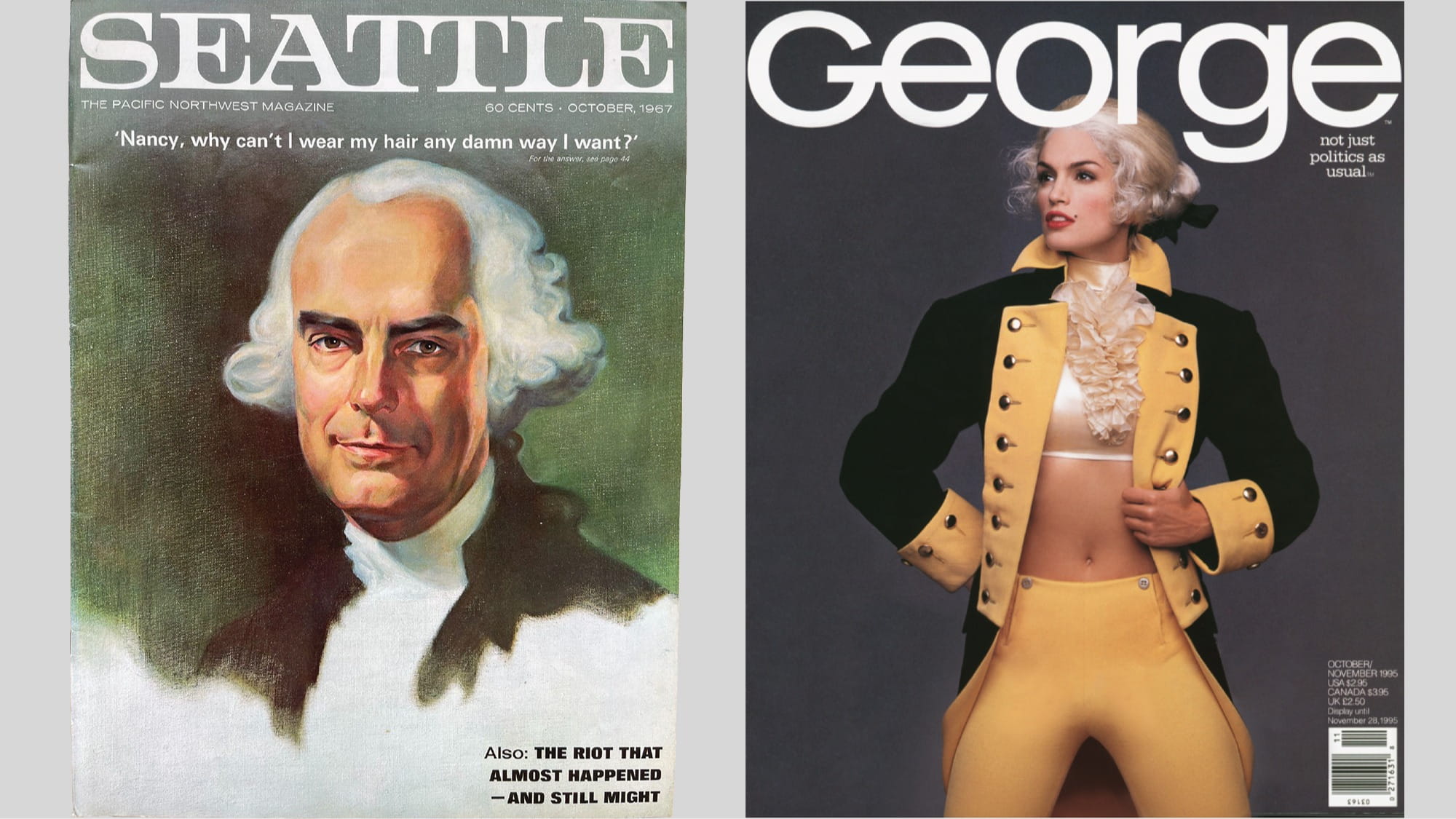 Side-by-side magazine covers: one features a portrait of a most influential white-haired man in colonial attire, the other shows a woman in a similar costume with a bare midriff and hand on her hip.