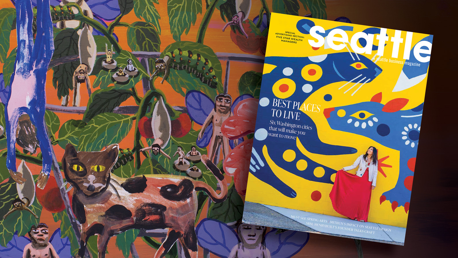 Seattle magazine cover overlaid on a colorful painting featuring leaves, monkeys, a cat, and abstract shapes. The cover highlights "Best Places to Live" with a woman in red and yellow.